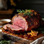 Vadouvan-spiced roast leg of lamb on a carving board with pan juices