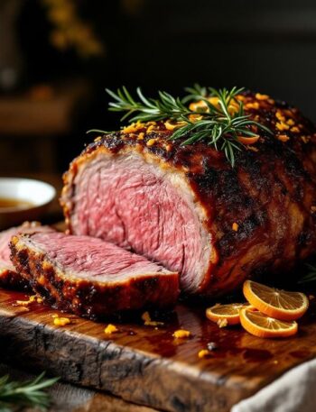 Vadouvan-spiced roast leg of lamb on a carving board with pan juices