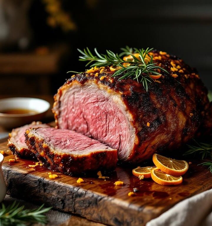 Vadouvan-spiced roast leg of lamb on a carving board with pan juices