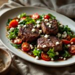 Braised lamb shank warm escarole salad with feta and tomato on a ceramic platter
