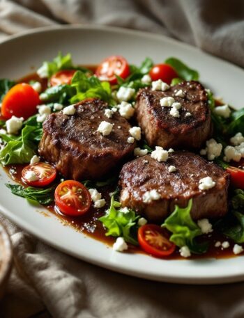 Braised lamb shank warm escarole salad with feta and tomato on a ceramic platter