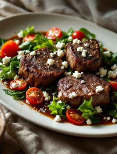 Braised lamb shank warm escarole salad with feta and tomato on a ceramic platter