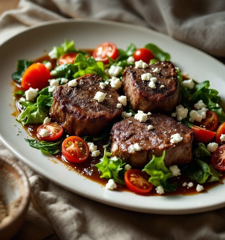 Braised lamb shank warm escarole salad with feta and tomato on a ceramic platter