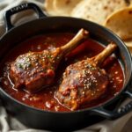 Lamb shanks in red mole sauce in a Dutch oven, garnished with sesame seeds