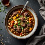 Bowl of lamb shank scotch broth with pearl barley and root vegetables