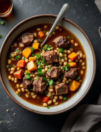 Bowl of lamb shank scotch broth with pearl barley and root vegetables