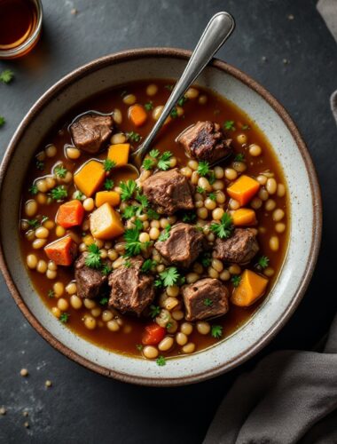 Bowl of lamb shank scotch broth with pearl barley and root vegetables