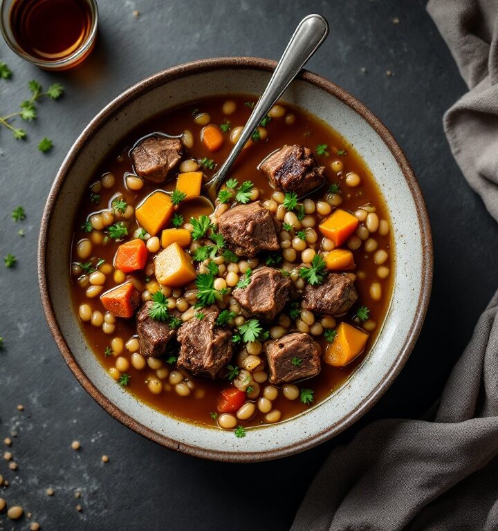 Bowl of lamb shank scotch broth with pearl barley and root vegetables