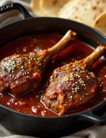 Lamb shanks in red mole sauce in a Dutch oven, garnished with sesame seeds