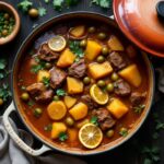 Halal beef and olive tagine with preserved lemon in a cast-iron casserole, overhead view
