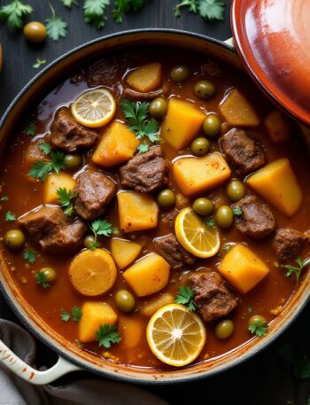 Halal beef and olive tagine with preserved lemon in a cast-iron casserole, overhead view