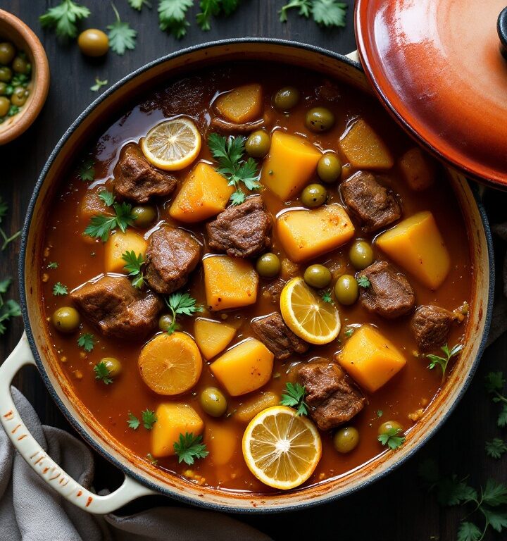 Halal beef and olive tagine with preserved lemon in a cast-iron casserole, overhead view