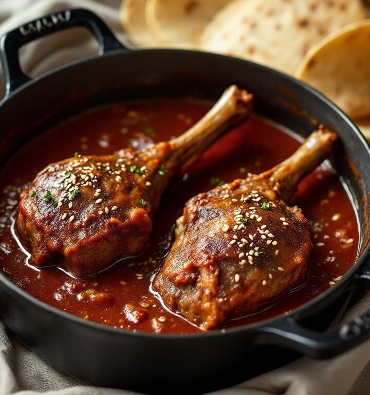 Lamb shanks in red mole sauce in a Dutch oven, garnished with sesame seeds