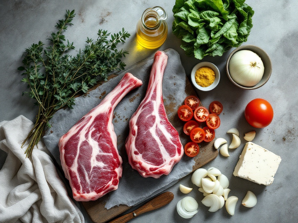 Ingredients for halal lamb shank warm salad arranged on a stone surface