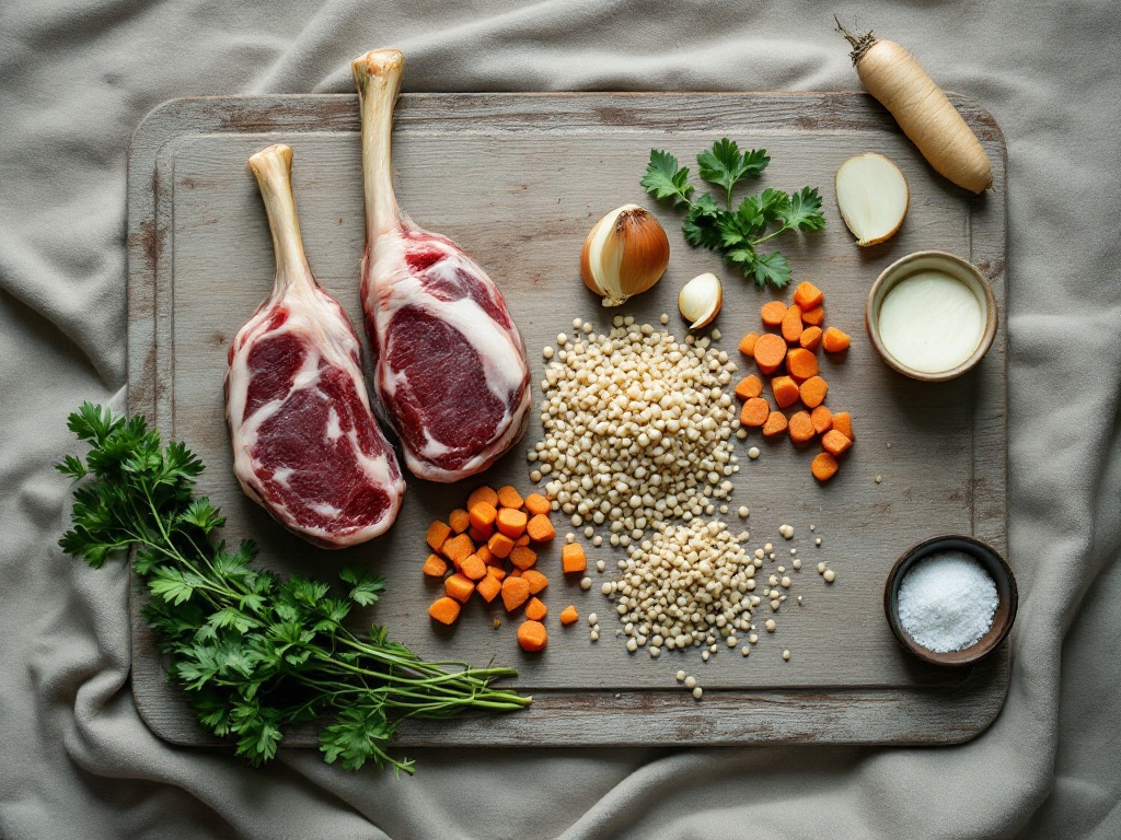 Raw ingredients for lamb shank scotch broth including shanks, pearl barley and root vegetables