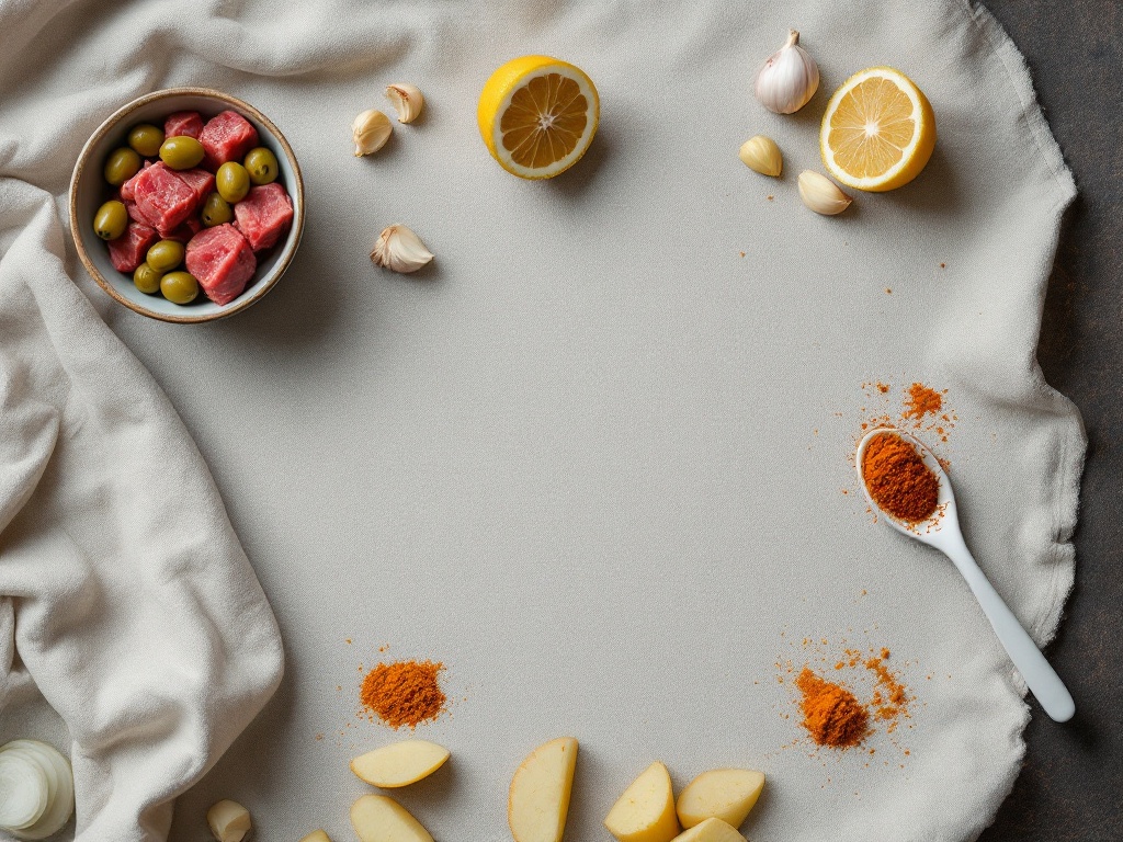 Raw ingredients for halal beef tagine including preserved lemon, saffron, olives, and spices