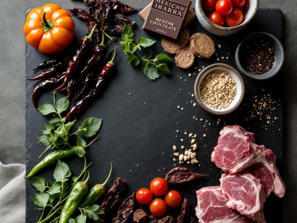 Ingredients for lamb red mole sauce: chipotle, pasilla, Mexican chocolate, lamb shanks