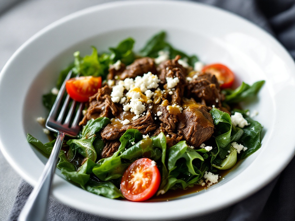 Single serving of warm lamb shank salad with escarole and feta in a white bowl