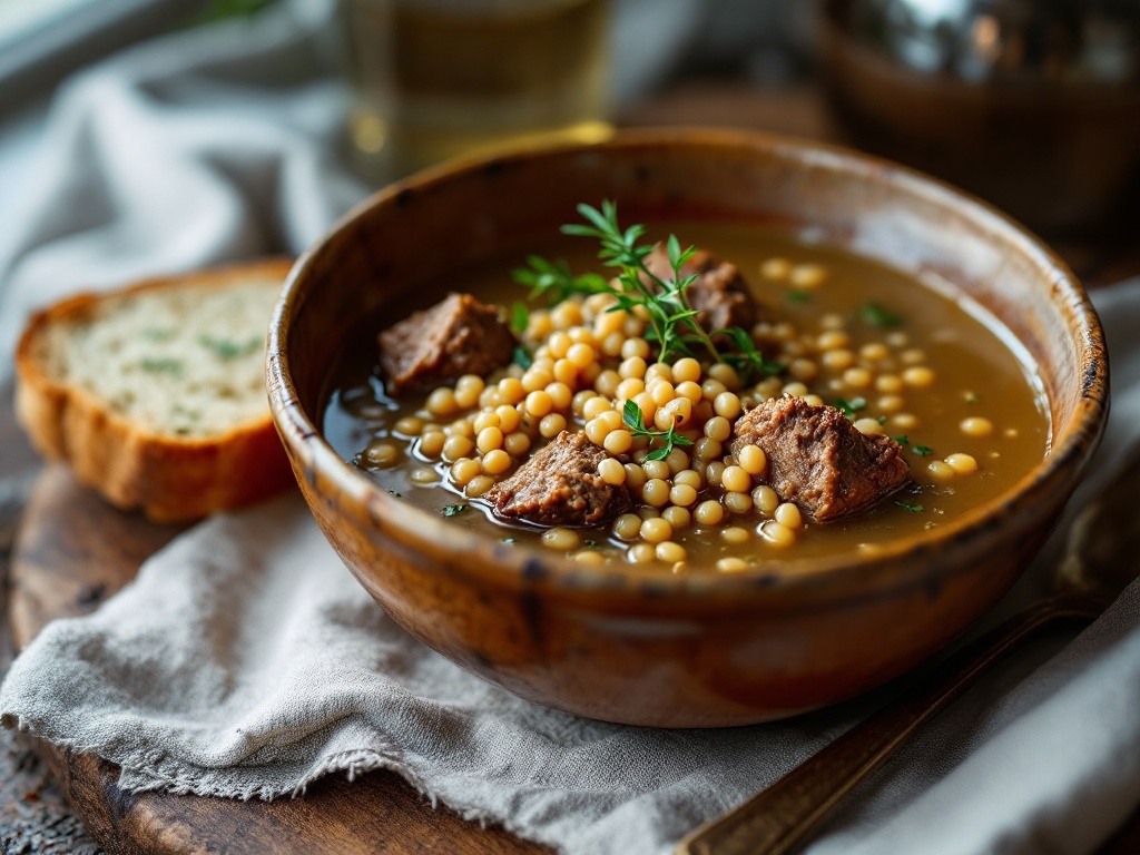 Plated bowl of scotch broth with lamb shank and pearl barley served with bread