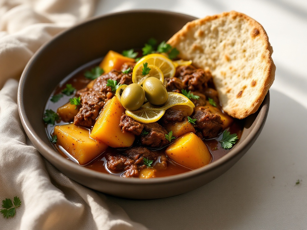Plated halal beef tagine with preserved lemon and olives served with flatbread