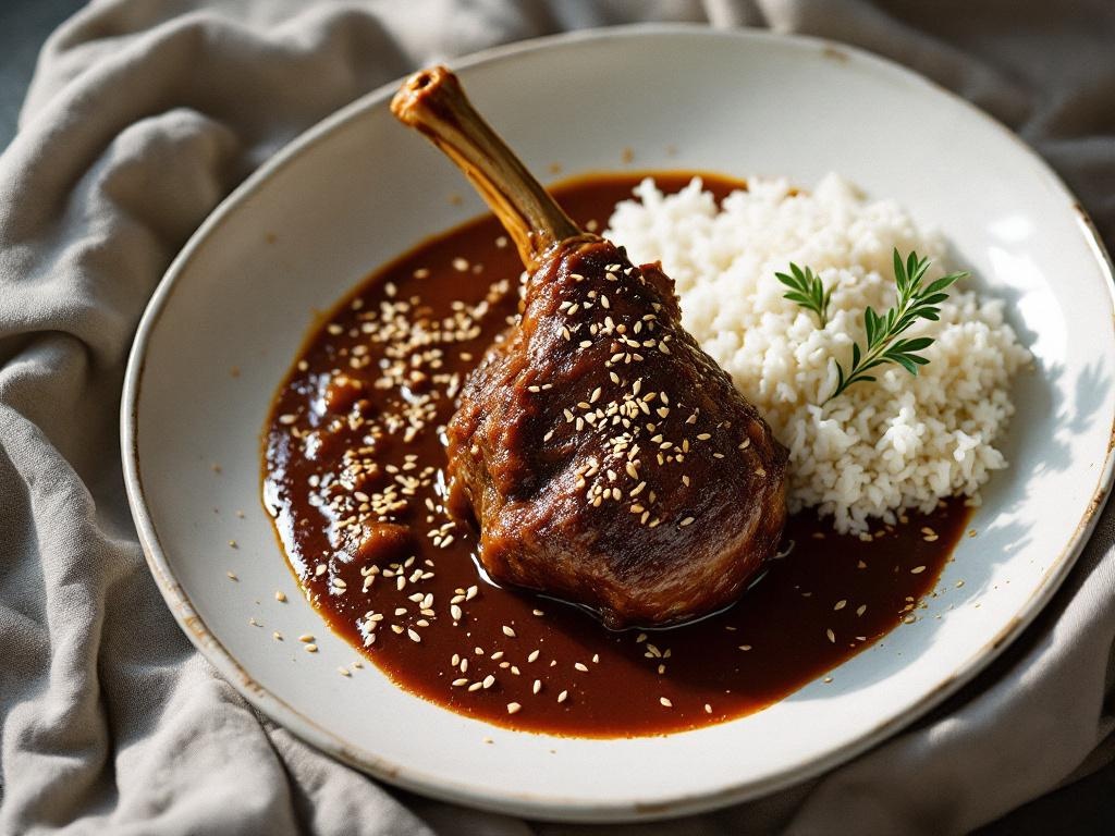 Plated lamb shank in red mole sauce with sesame seeds and white rice