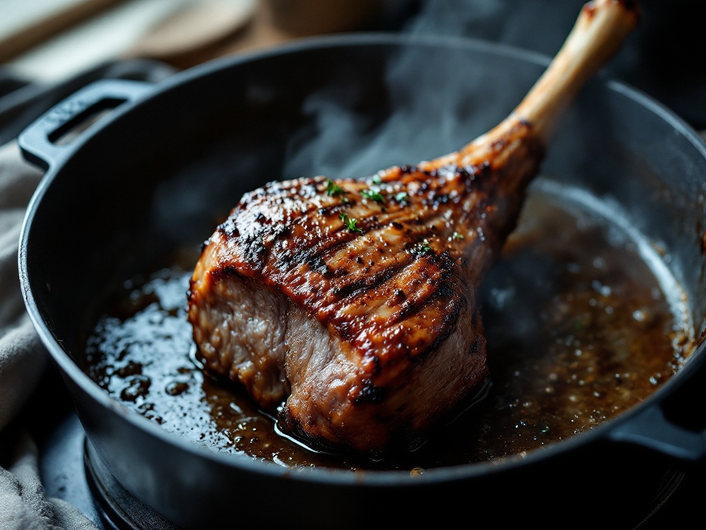 Lamb shank searing to deep mahogany crust in a cast iron casserole