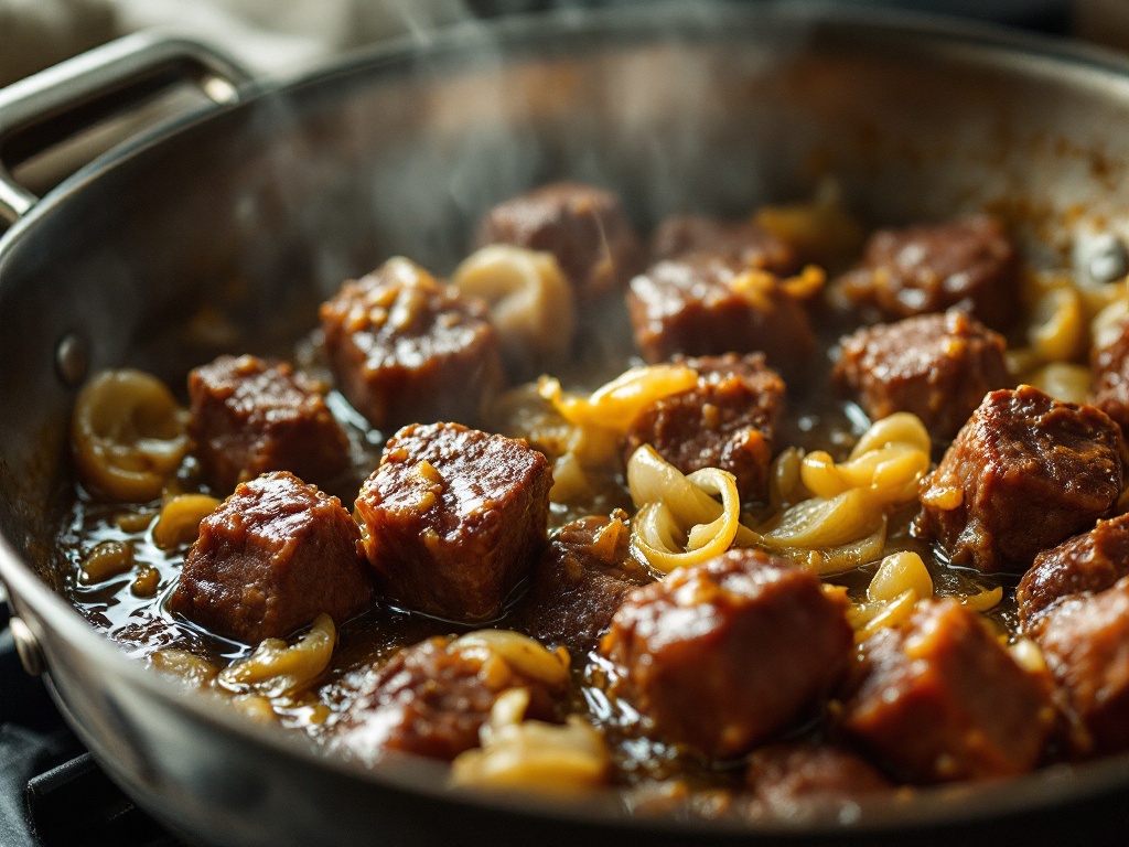 Halal beef cubes browning in spiced olive oil for the tagine