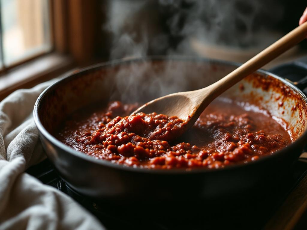 Red mole sauce frying in a hot Dutch oven, bubbling and steaming